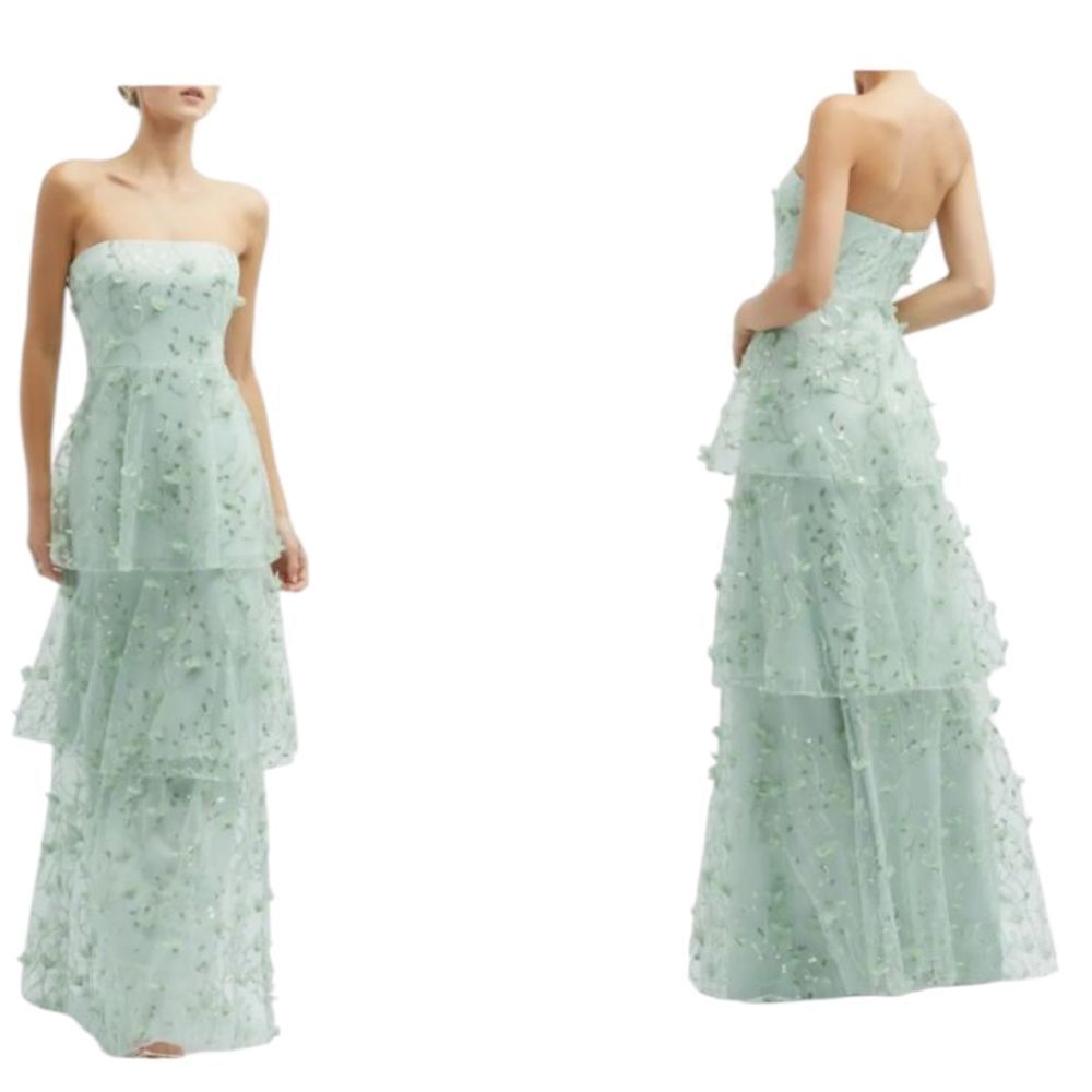 NWT Dessy Collection Sequin 3D Embroidered Tiered Gown Green Size 16